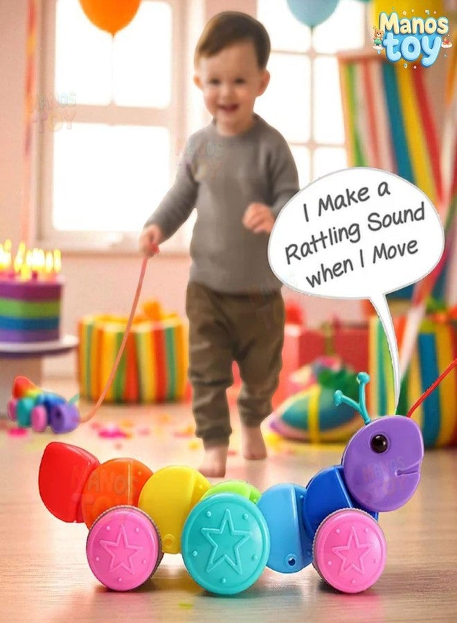 Manos Colourful Caterpillar Pull-Along Toy for Kids, Educational Stacking Blocks, Rainbow Colours Pack of 1 - Image 2